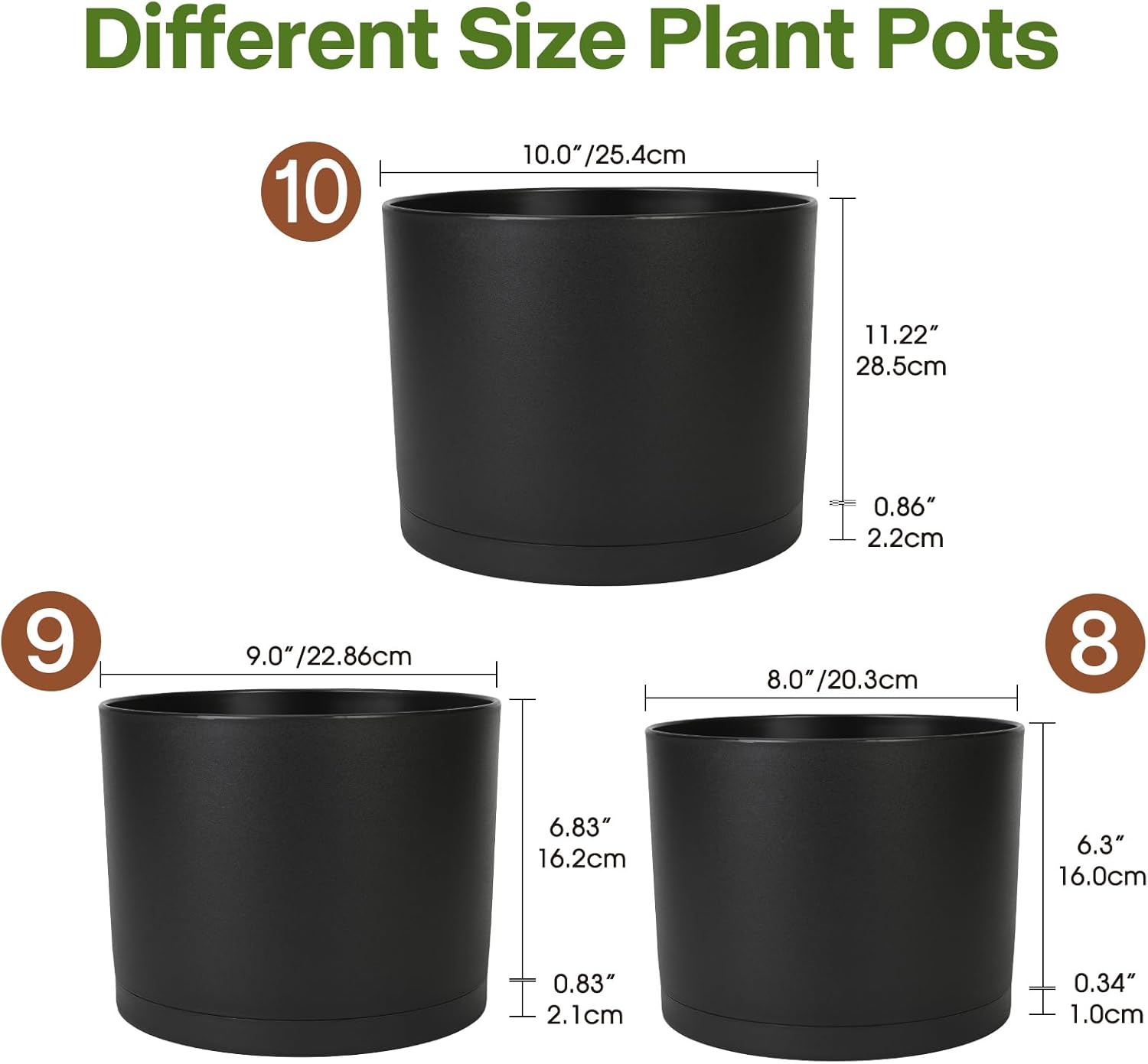 GARDIFE 10/9/8 Inch Modern Cylinder Planter, Plant Pots for Indoor Outdoor Plants, Flower Pots with Drainage Holes and Saucers for Garden Succulent Nursery House Plants (Black)