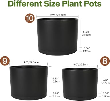 10/9/8 Inch Modern Cylinder Planter, Plant Pots for Indoor Outdoor Plants, Flower Pots with Drainage Holes and Saucers for Garden Succulent Nursery House Plants (Black)