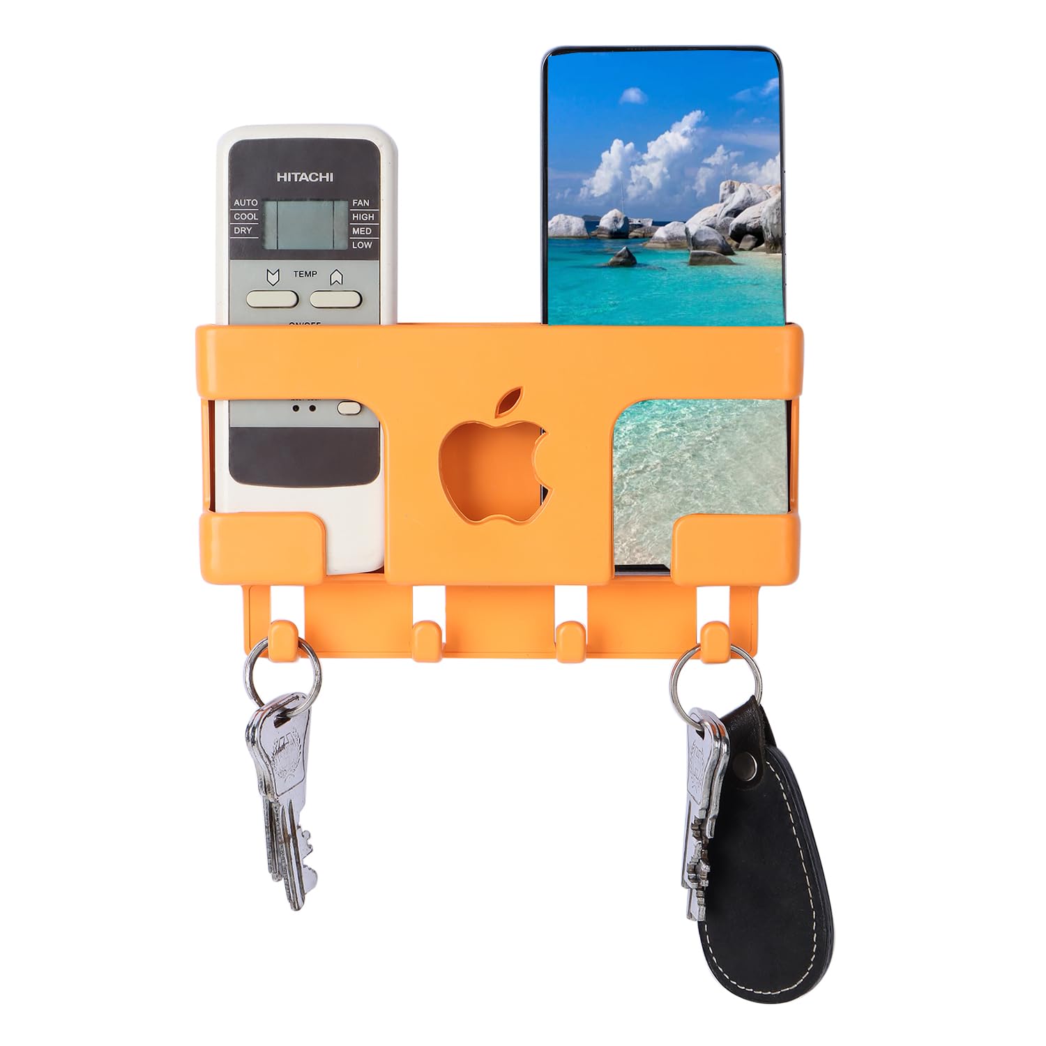 Apple Wall Mount Mobile Holder | Plastic Storage Case for Ac/Tv Remotes | Multi-Purpose Wall Phone Stand for Charging | Remote Wall Organiser | Smart Stand Gadget (Orange)-image-5