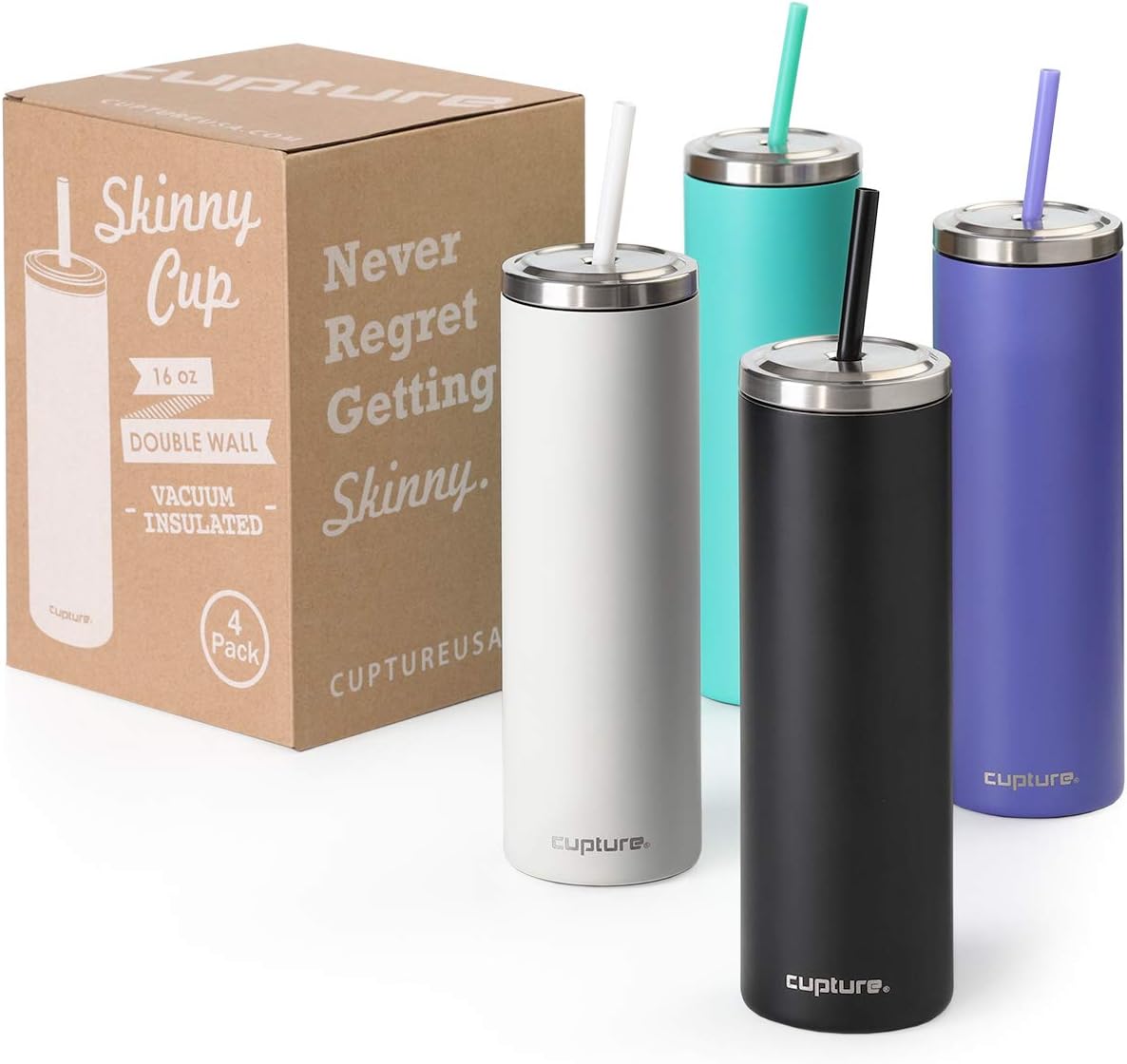 CuptureStainless Steel Skinny Insulated Tumbler Cup with Lid and Reusable Straw - 16 oz (Assorted Colors)