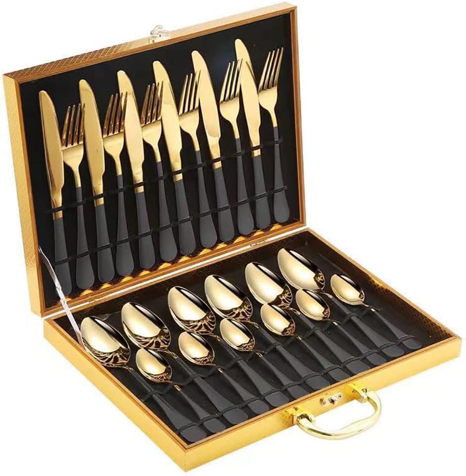 Gift Box 24pcs Set Cutlery Dinnerware 410 Stainless Steel Flatware Set Tableware Suit Dinner Spoon Fork Knife Flatware Serving Sets (Gold + Black)