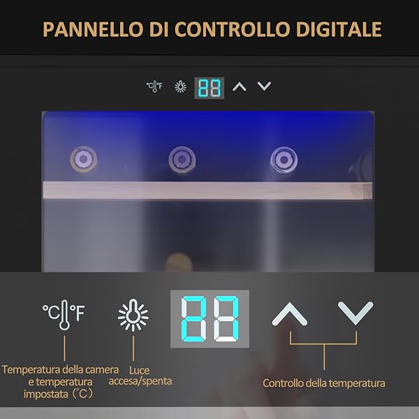HOMCOM Cantinetta Vino Refrigerata 24 Bottiglie 65L Cantina Vino Silenziosa Temperatura Regolabile 5-20℃ Frigo Vino Bar con Vetro Anti UV, Ripiani, Compressore, Display Touch, Luci LED, Classe G, Nera - 5
