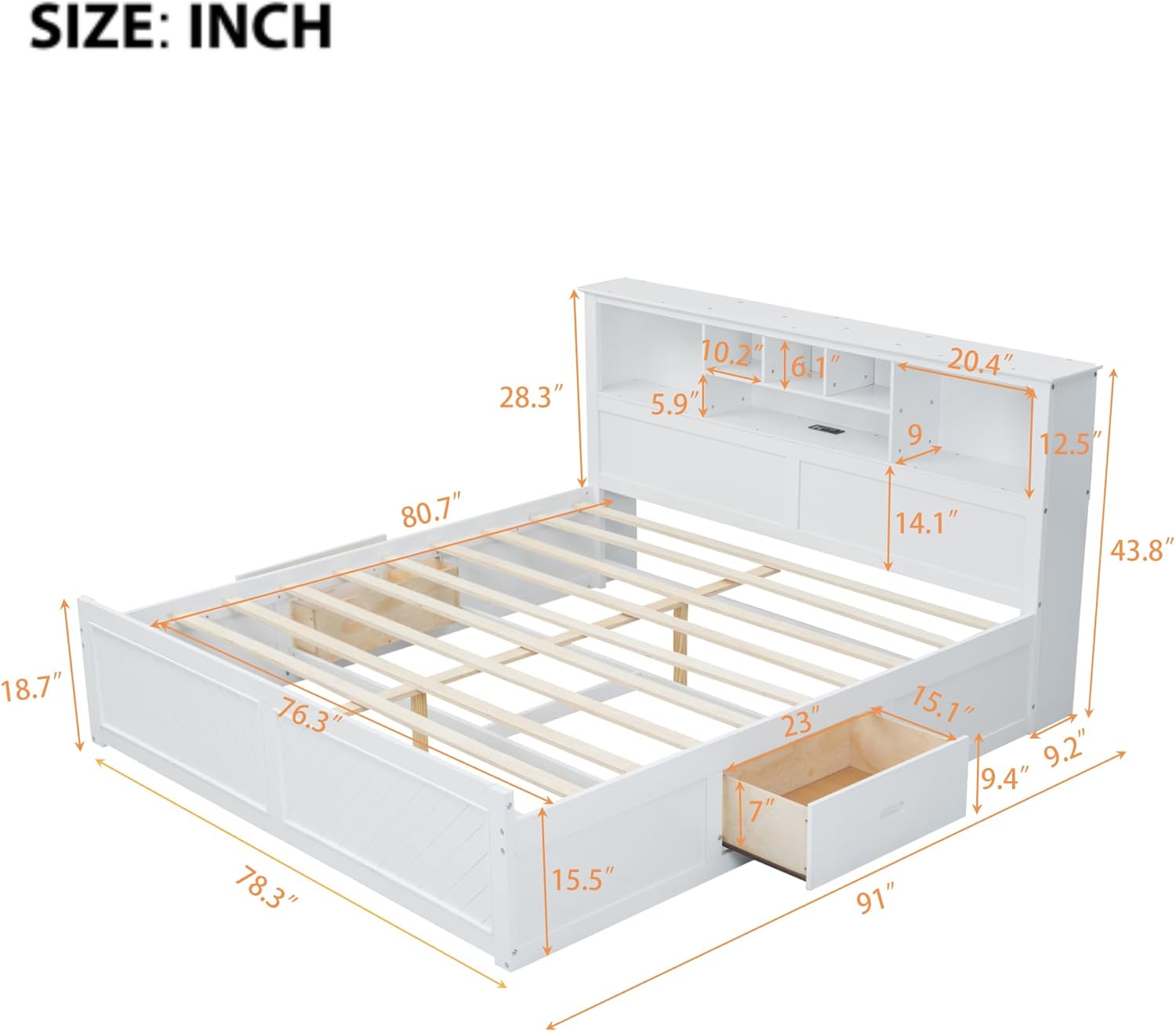 LZ LEISURE ZONE King Size Platform Bed, Wood King Bed with Multi-Storage Headboard, USB and Drawers, White