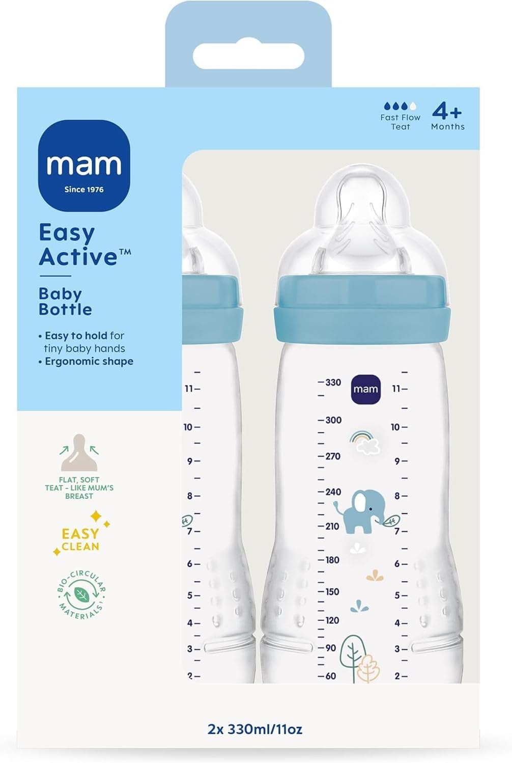 MAM Easy Active Bottles, 2X 330ml, Easy-Grip Ergonomic Shape, Blue - Analyse des détails et conception