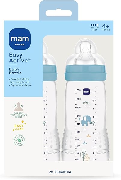 MAM Easy Active Baby Bottle with Fast Flow MAM Teats Size 3, Twin Pack, Baby Feeding, 330 ml, Blue (Designs May Vary) - 2