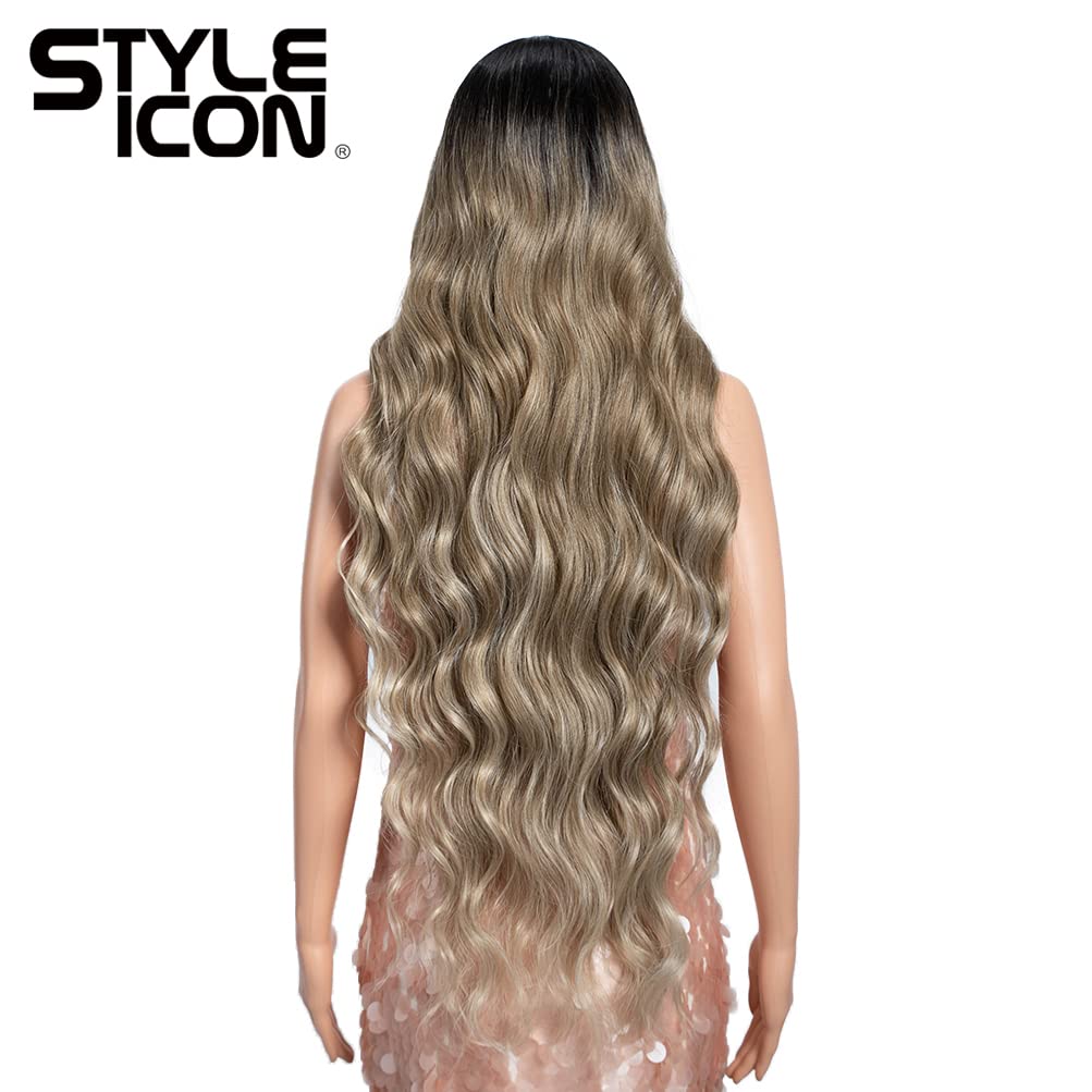 Style Icon 36" Lace Front Wigs Super Long Loose Wave Wig Ombre Blonde Color With Baby Hair 130% Density Synthetic Hair (36 Inch, TAT4/12/APRIC)