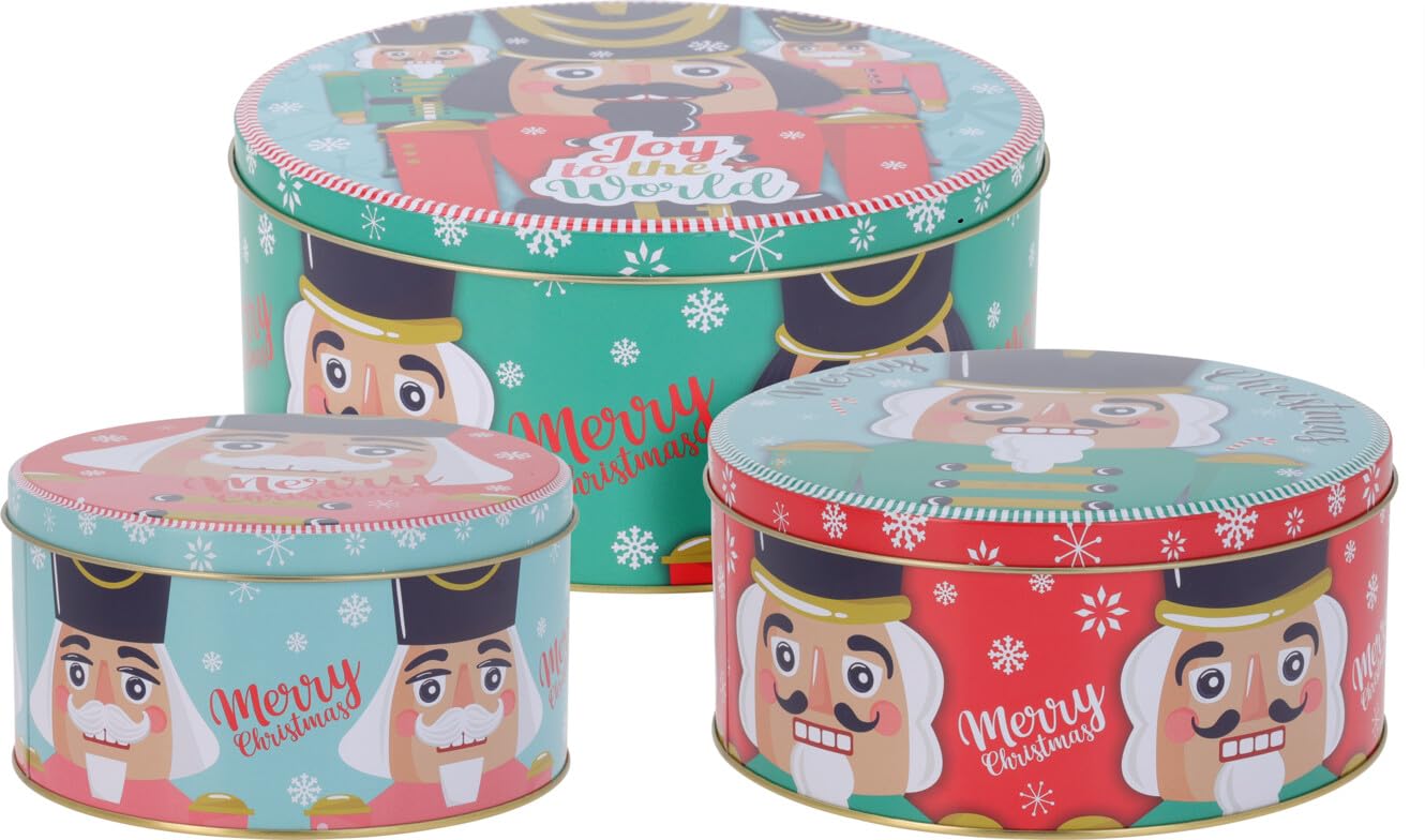 Muddy Hands Multicolor Set Of 3 Round Nutcracker Christmas Storage Tins – Nesting Festive Containers For Sweets, Biscuits, Chocolates & Cookies – Gift Boxes