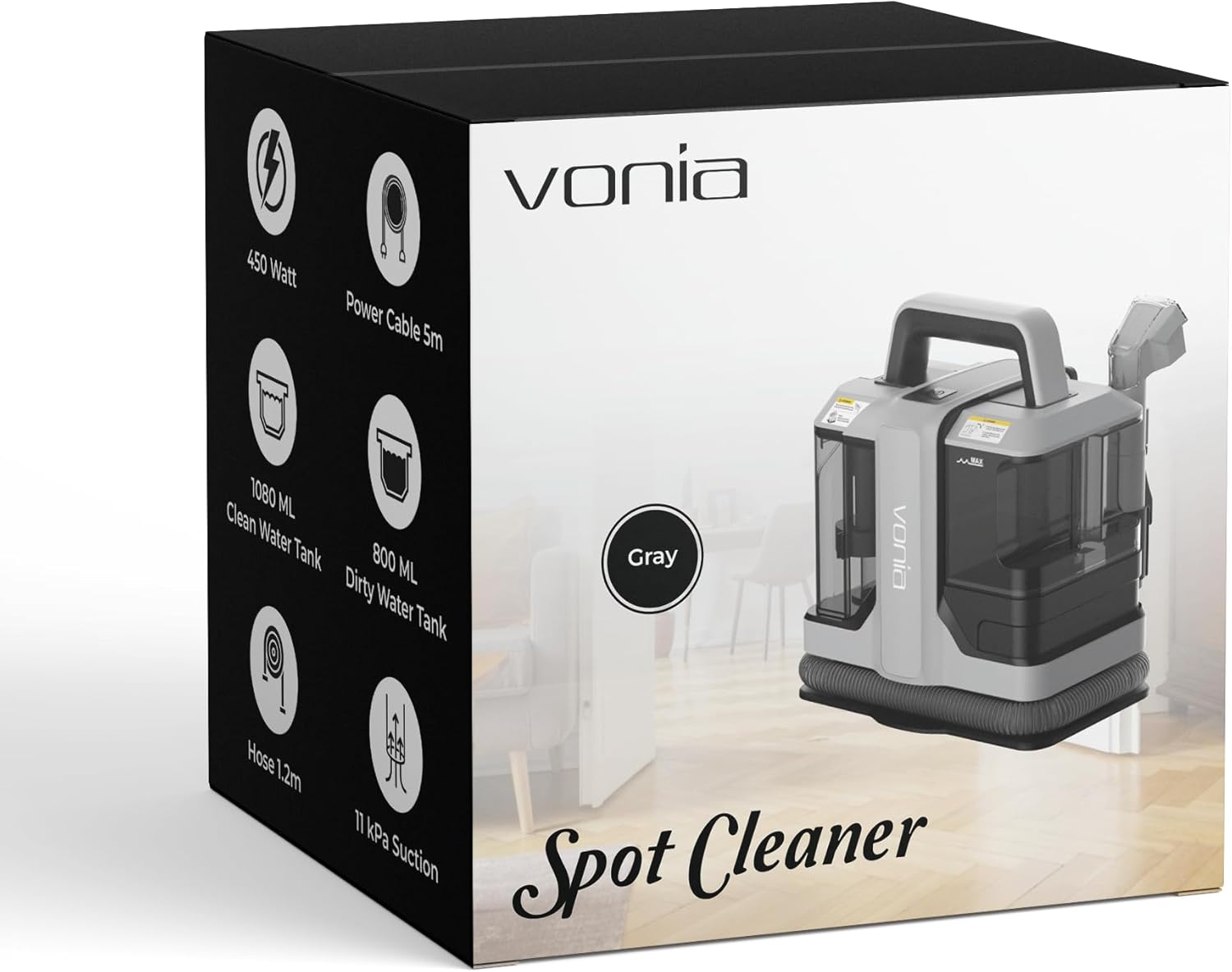 Vonia Spot Cleaner packaging box showing the main unit and accessories.