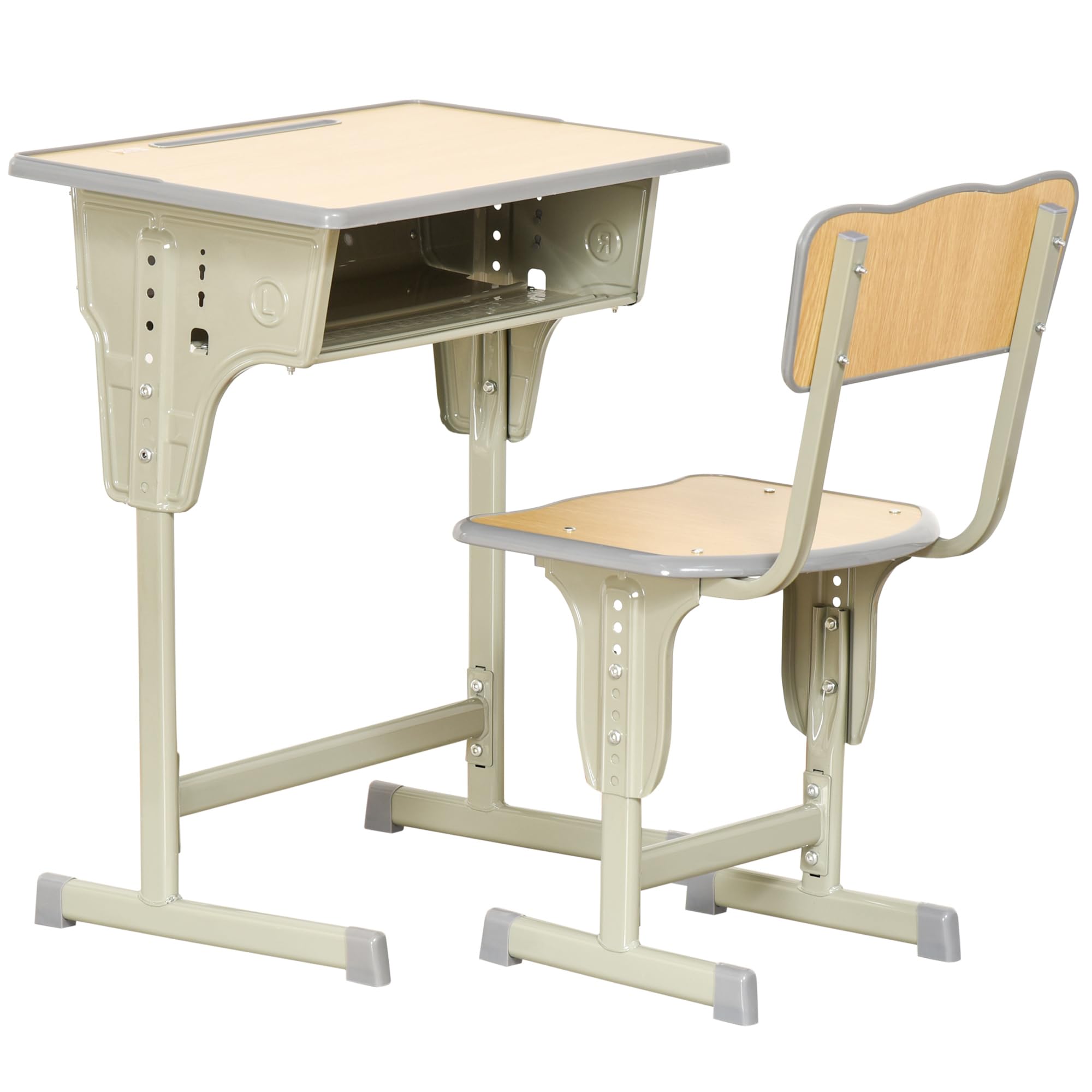 HOMCOM Juego de Escritorio y Silla para Niños de +6 Años Escritorio Infantil Altura Regulable Pupitre Infantil con Gancho y Cajón Madera Natural