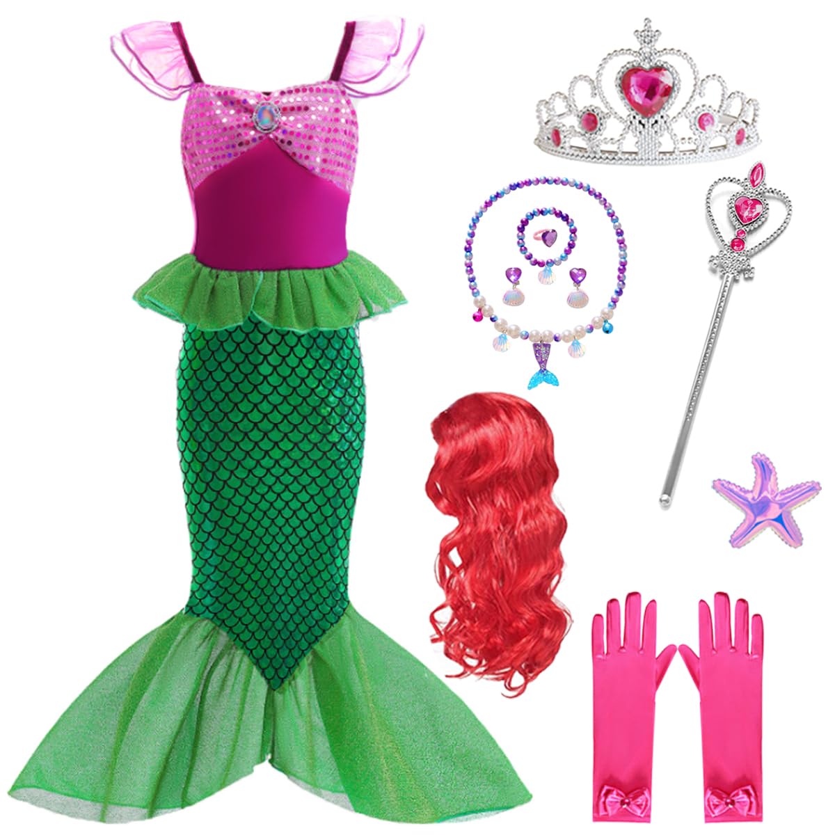Little Girls Mermaid Costume Princess Dress Up Ariel Outfits with Accessories Wig Birthday Party Halloween Cosplay