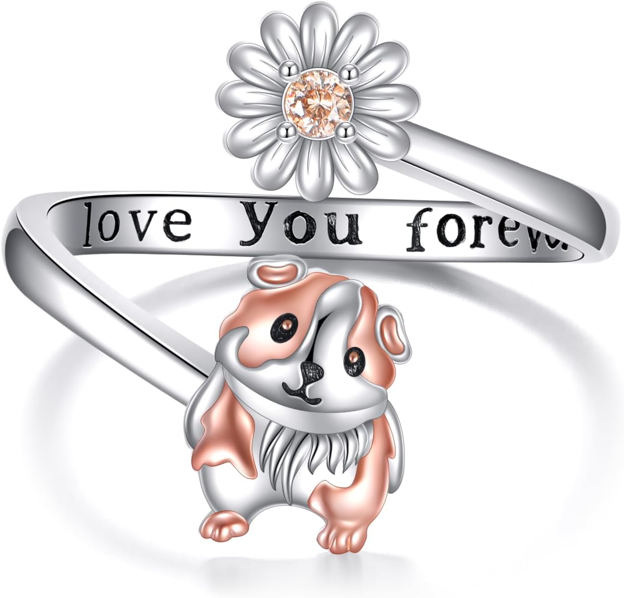 Animal Ring 925 Sterling Silver Highland Cow/Hummingbird/Elephant/Corgi/Guinea Pig Adjustable Open Ring Dasiy Moonstone Jewelry Gift for Women Mom Grandma