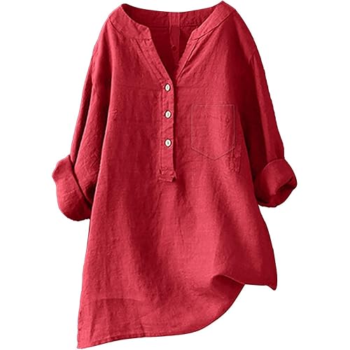 Linen Shirts for Women 2025 Buttons V Neck Cloths Long Sleeve Pockets Tshirt Trendy Dressy Blouses Casual Tunic Tops