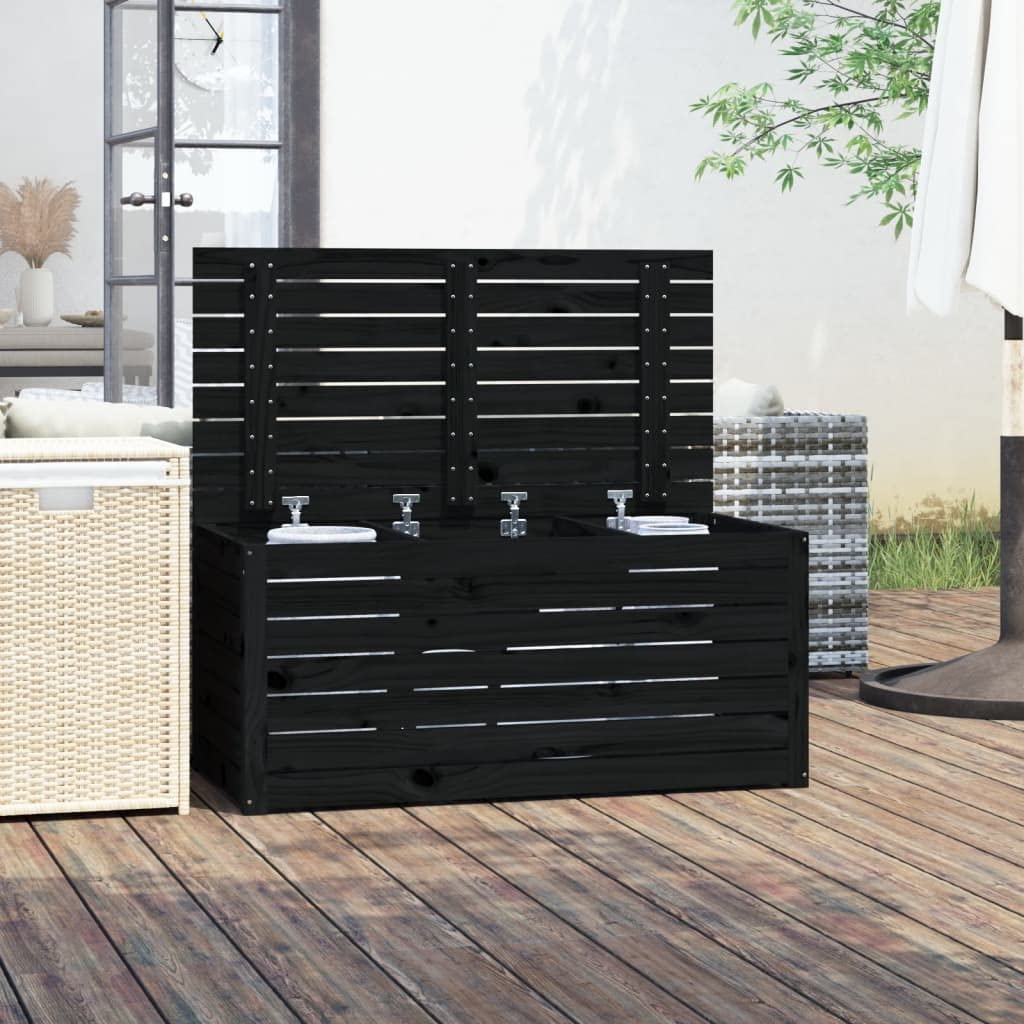 Caja de cojín para jardín, color negro, 101 x 50,5 x 46,5 cm, madera maciza de pino, caja de almacenamiento de herramientas de jardín para exterior, balcón o terraza