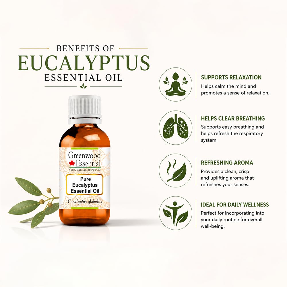 Greenwood Essential Naturreine Ätherisches Eukalyptusöl (Eucalyptus globulus) Dampfdestilliert 100ml X 2 (6.76 oz)