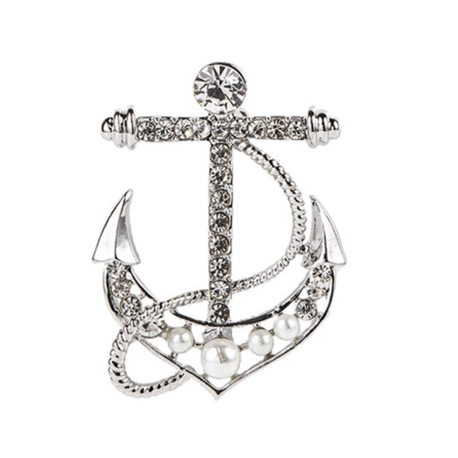 Hcma Men's Silver Naval Rudder Anchor Brooches Pins Rhinestone Brooches Suit Shirt Collar Lapel Pin Badge Jewelry Accessories For
