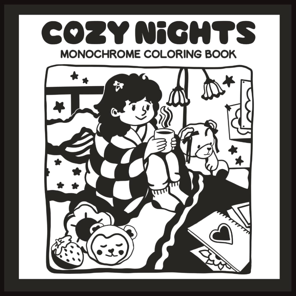 Cozy Nights: Cute & Comfy Monochrome Coloring Book with Simple One-Pen Designs for Calmness & Stress Relief