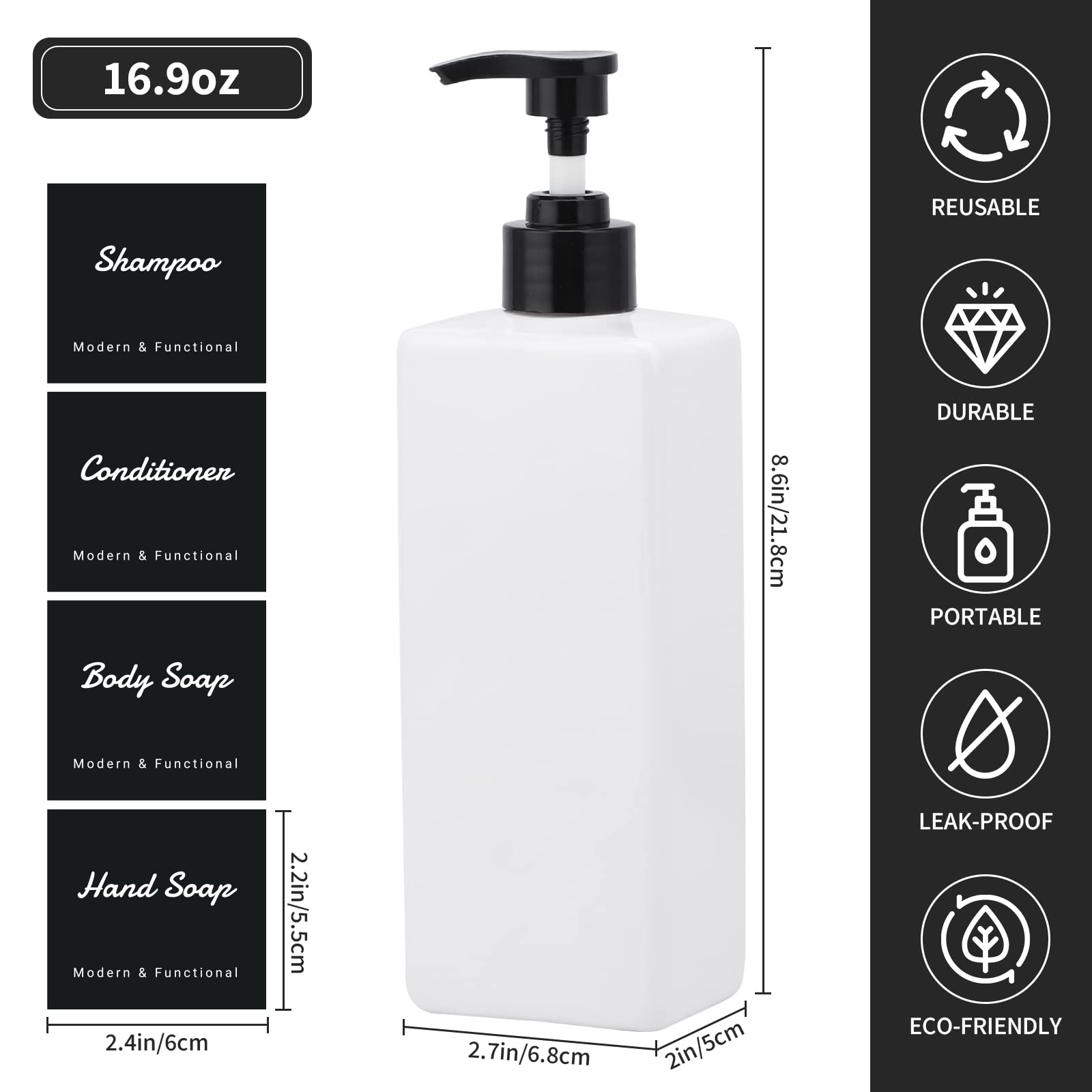Dispenser Ricaricabili Per Sapone - Set Da 3 Bottiglie 500ml Bianche, Con Etichette, Per Bagno E Doccia - Foto 13