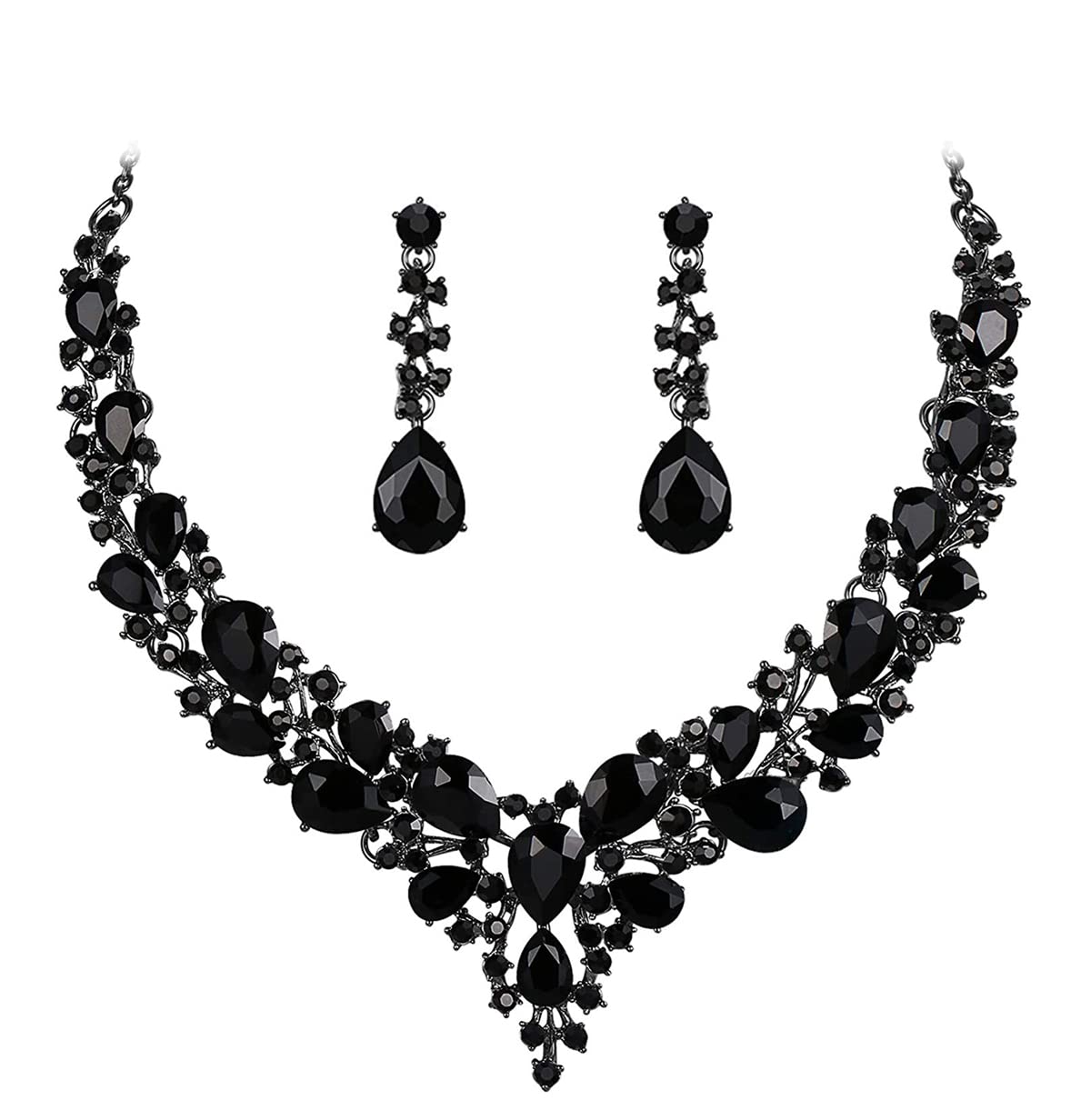 yfstyleBlack Wedding Jewelry for Bride Green Black Jewelry Sets for Women Statement Necklace and Earring Sets Black Crystal Wedding Jewelry for Brides Prom Party Costume Jewelry Gifts