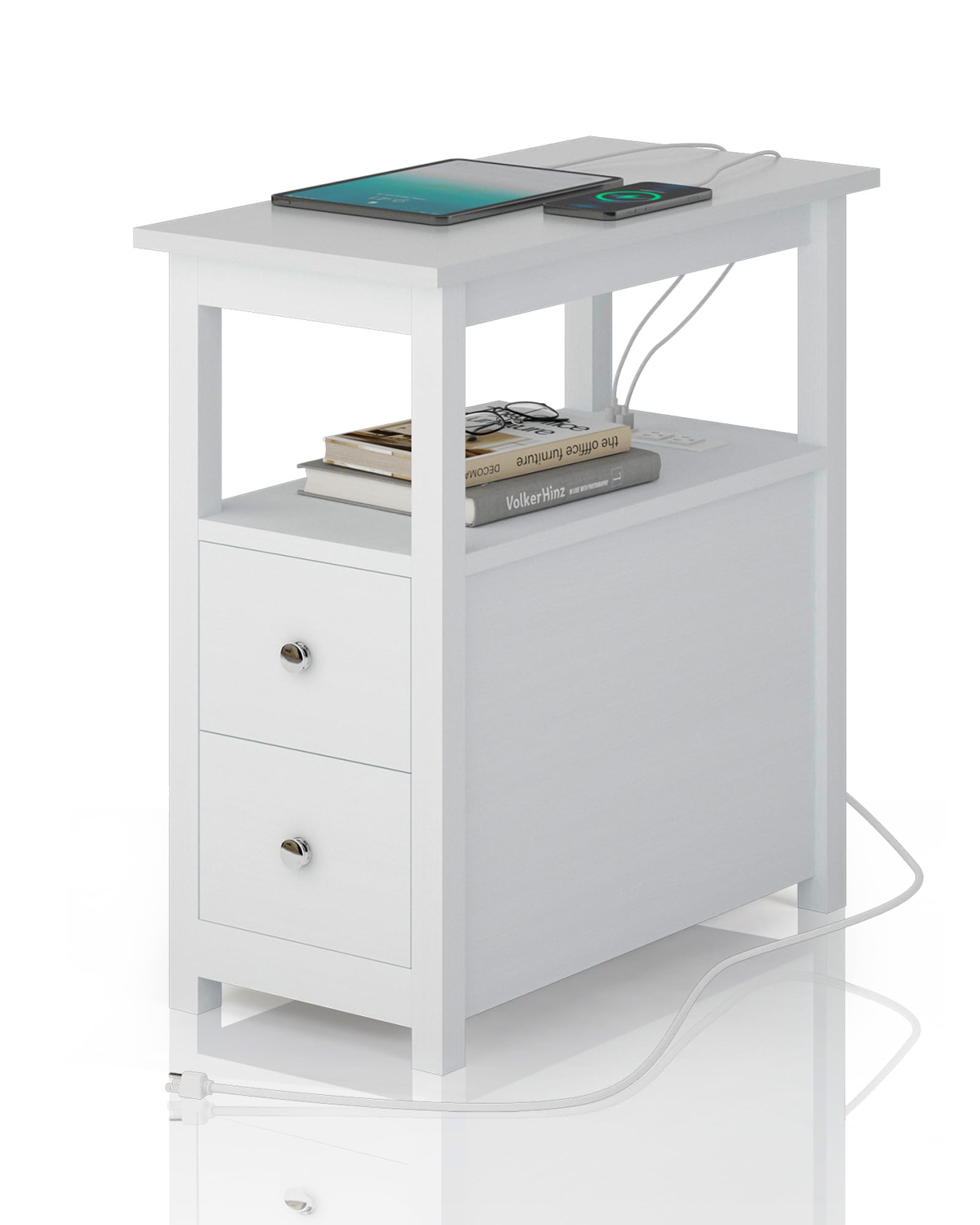Sandinrayli End Table with Charging Station, Side Table with 2 Drawer & USB Ports & Power Outlets, Nightstand for Small Spaces, Bedside Tables for Living Room White