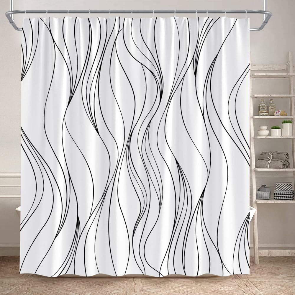Cortina de Ducha 240 x 200 cm Impermeable con Líneas Negras, Diseño de Rayas Geométricas Onduladas Blancas, Tela de Poliéster Moderna para Bañera, con Ganchos, 240 x 200 cm (1 Paneles)