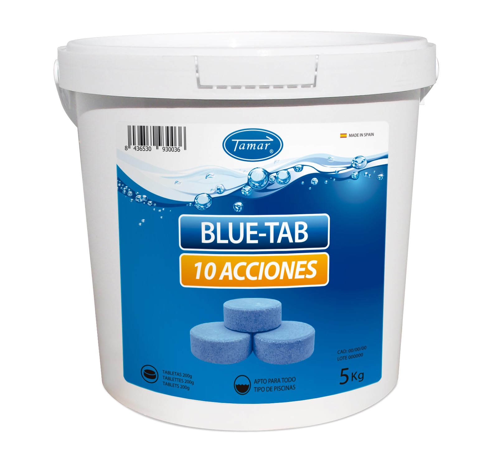 Tamar Cloro Blue-Tab 10 Acciones,Tabletas 200 gr,pastilla disolución lenta,biocida,mantenimiento agua piscina, desinfectante, abrillantador, floculante,clarificante,alguicida,regulador pH,antical 5 Kg