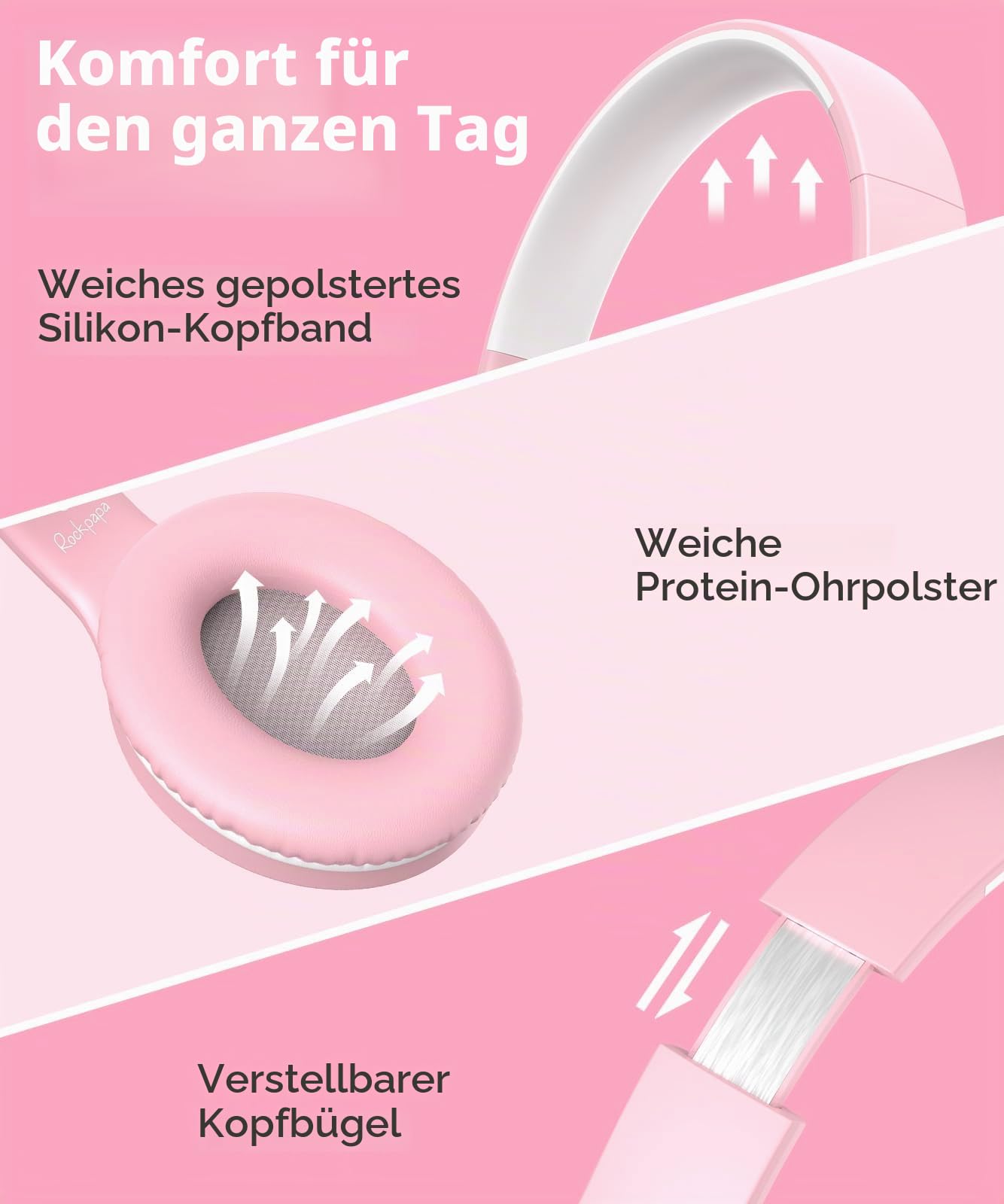 RockPapa C24 Kinder Kopfhörer mit Kabel, HD-Mikrofon, Leichte, Faltbare Kabel kopfhörer mit 3,5 mm Jack, On-Ear Stereo Bass Kopfhörer für Schule/Reise/Telefon Pink Weiß
