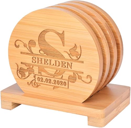 Miniatura 12 de Posavasos de bambú personalizados, posavasos de monograma grabados personalizados con soporte, grandes regalos para familiares, amigos o para ti