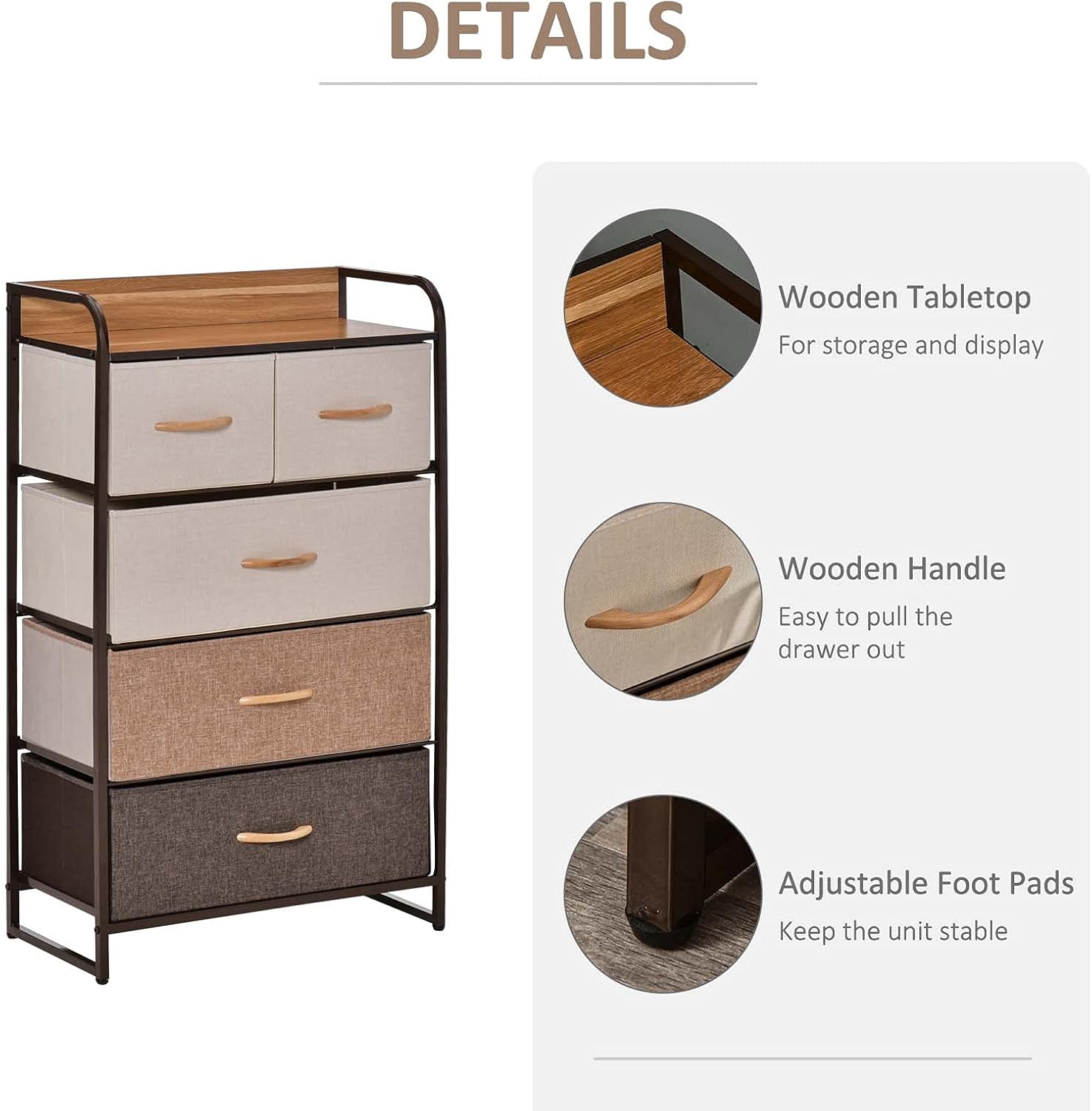 HOMCOM 5-Drawer Fabric Dresser Tower, 4-Tier Storage Organizer with Steel Frame for Hallway, Bedroom and Closet, Maple Wood