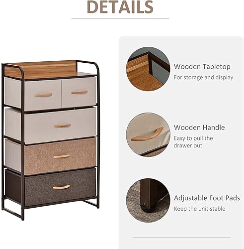 Miniatura 6 de HOMCOM Cómoda de tela de 5 cajones, organizador de almacenamiento de 4 niveles con marco de acero para pasillo, dormitorio y armario, gris