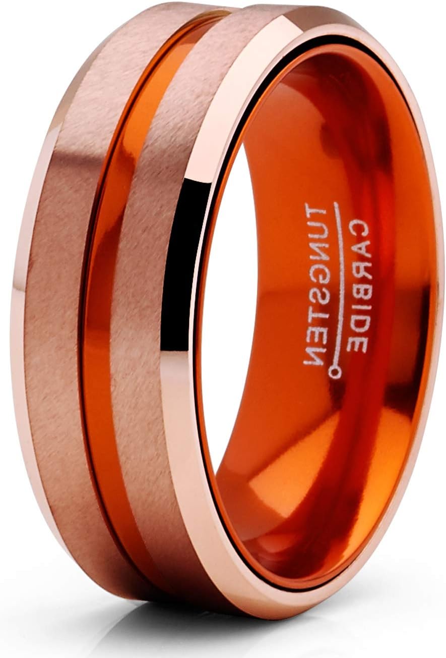 Metal Masters CO. Tungsten Carbide Ring Wedding Band Rose Goldtone Orange Interior Comfort-Fit 8MM Unisex