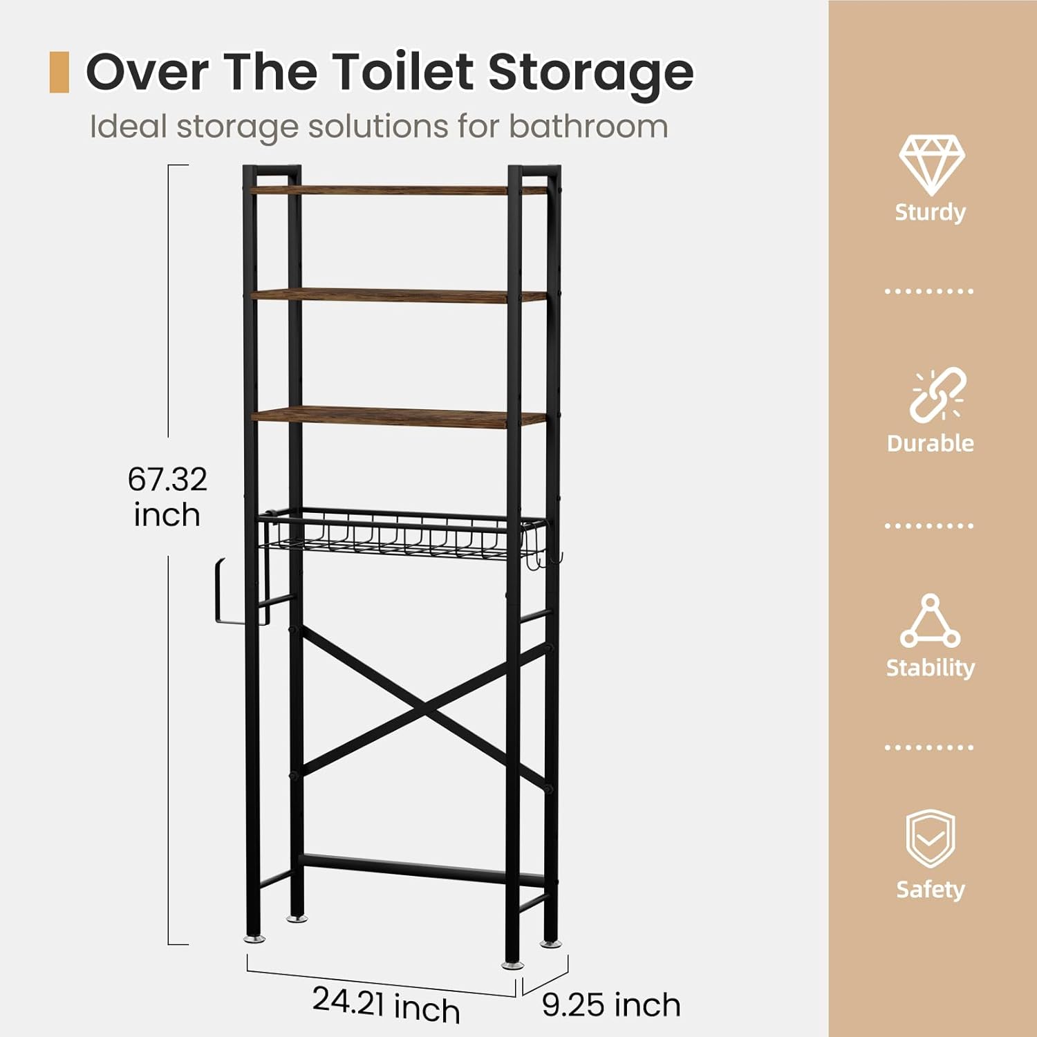 over the toilet storage cabinet, 4-tier bathroom organizers and storage with adjustable shelves, freestanding over-the-toilet shelf for restroom, laundry, rustic brown