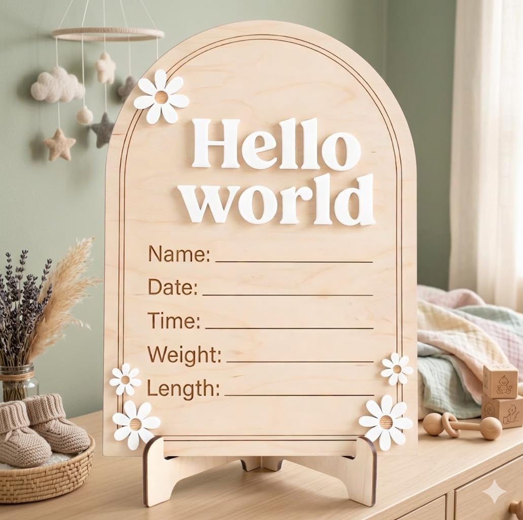 Arch Wooden Birth Announcement Sign with 3D Daisy Flowers - Hello World Name Date Weight Stat Plaque for Hospital - Newborn Baby Photo Prop Ornament - Nursery Wall Decor Keepsake Gift