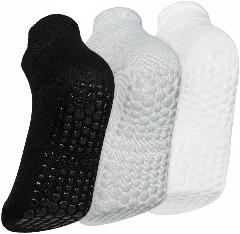 Grippy Pilates Socks with Grips for Women, Non Slip Yoga Socks, 3 Pairs (Ankle-Black-white-Gray)