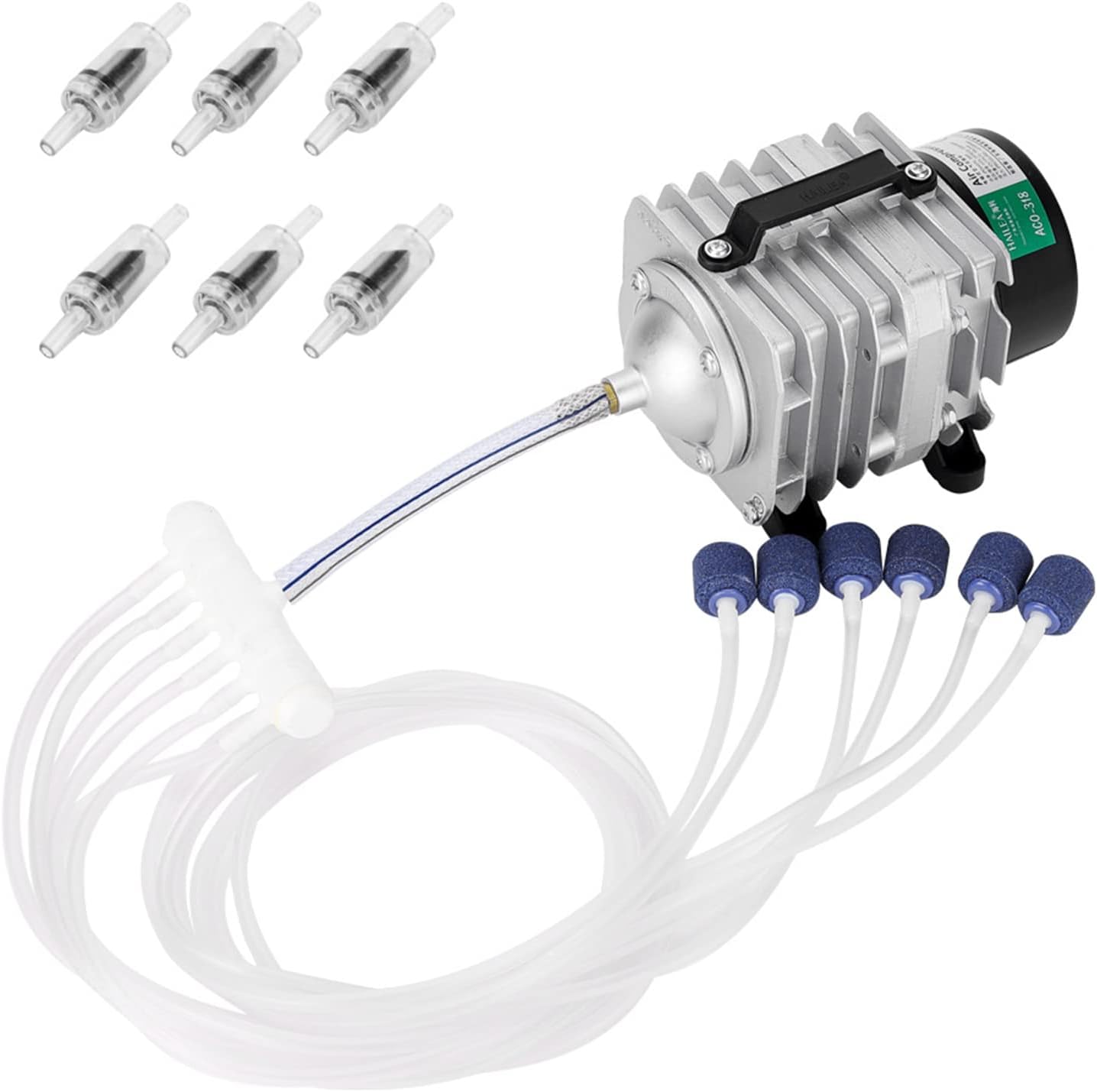 Vinsting,ACO318 HAILEA Commercial Air Pump 45W Single Outlet 6 Valve Manifold for Aquarium Fish Tank Fountain Pond Hydroponics （10m pipe+6 check valve+ 6 2 * 2cm air stones)