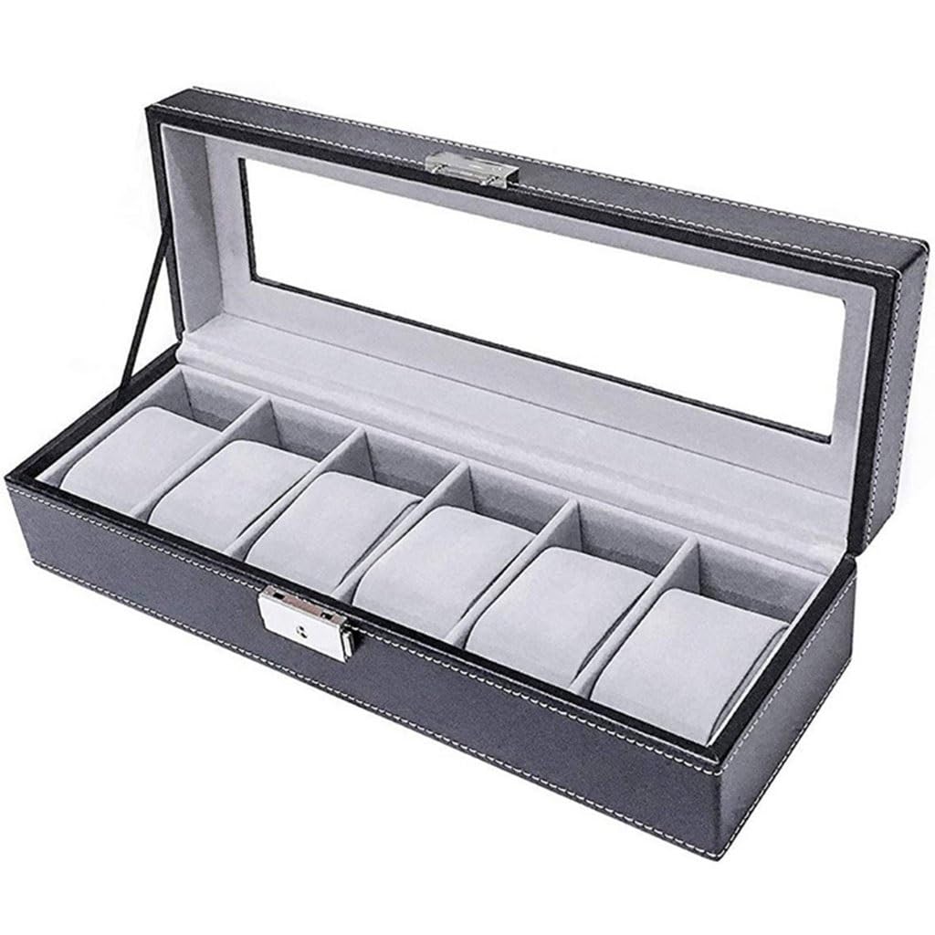 Caja para reloj con cerradura de 1 palabra, 6 ranuras, caja de almacenamiento de joyería, escaparate para gemelos, pendientes, pulseras, cargador de joyería
