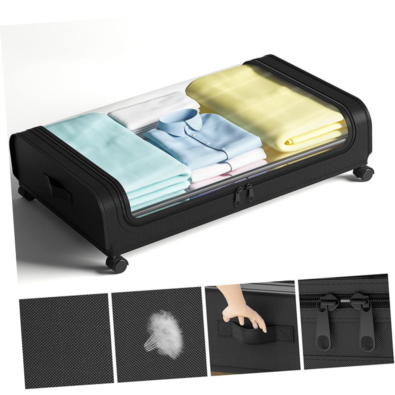 Alipis Scatola di Immagazzinaggio Sotto Letto Nera Coperchio Trasparente | Grande Capacità, Tessuto Non Tessuto, Ferro e Pvc, per Abiti e Coperte, Formato Compatto
