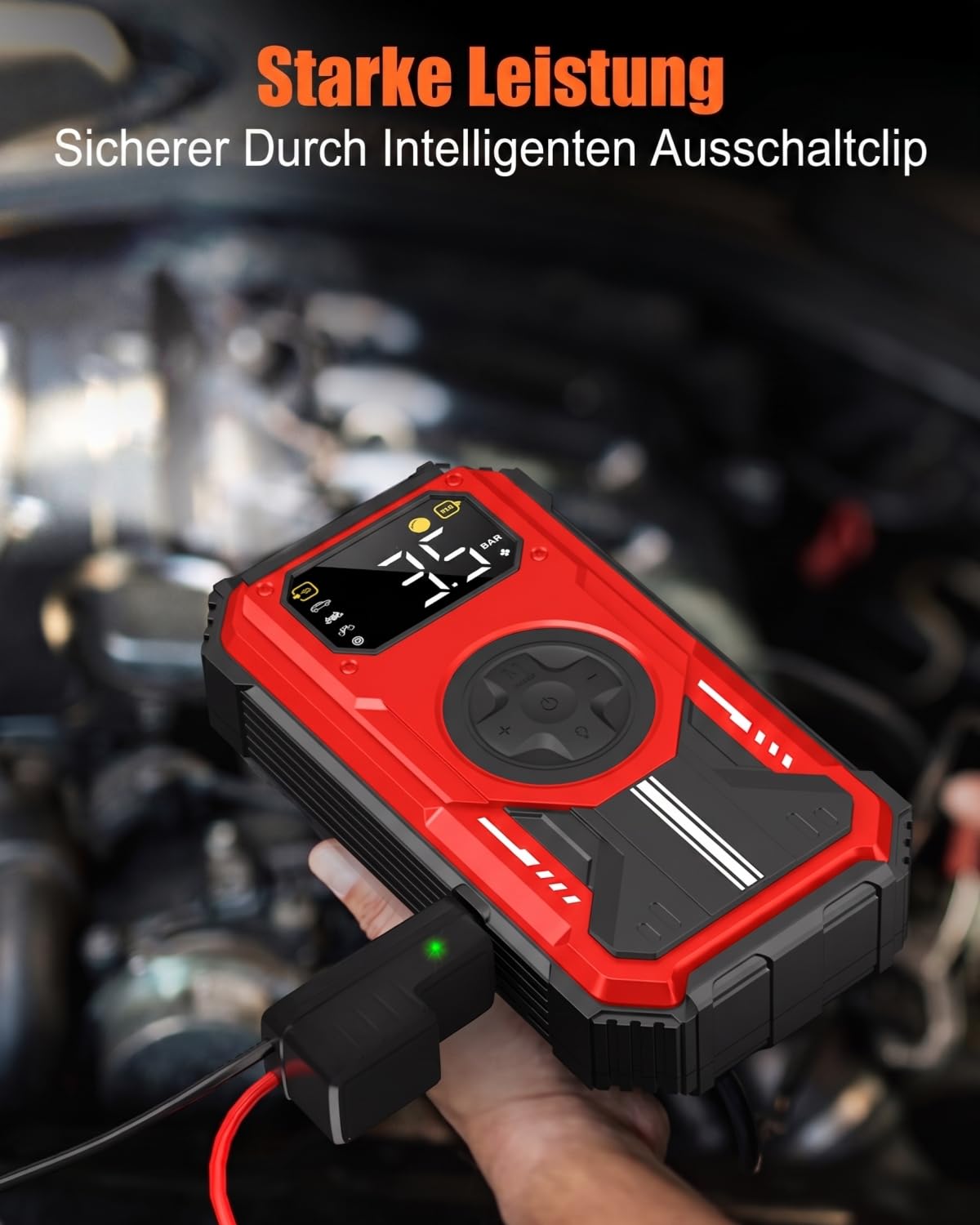 7-in-1 Starthilfe Powerbank für PKW, 7000A Booster Auto Starthilfe (Bis zu 10L Benzin, 8L Diesel), 12V Jump Starter mit 150 PSI Kompressor, LED Taschenlampe, LCD Display, Rot
