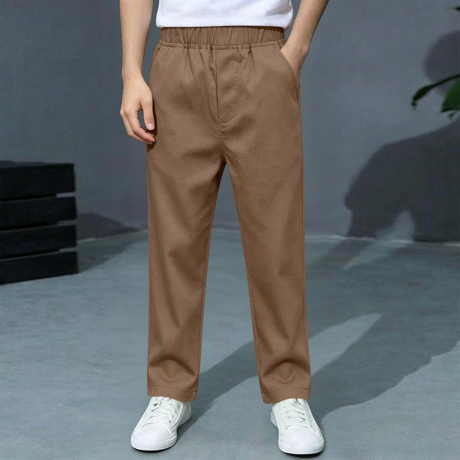 Boys Elastic Waist Pants Kids Uniform School Trousers with Pockets