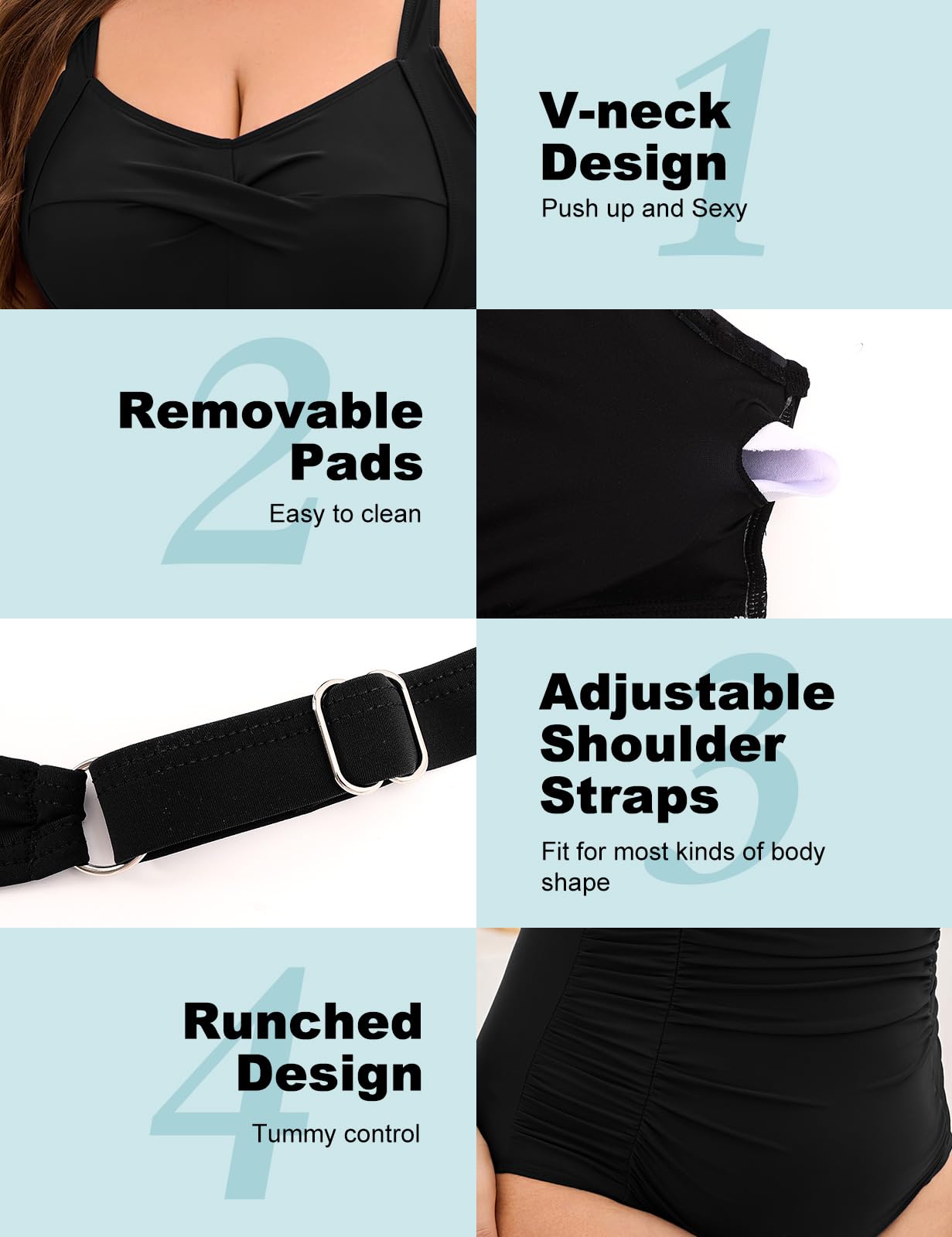 Nadeer Badeanzug Damen Bauchweg Große Größe Einteilige Bademode Sexy Push Up Swimsuits V Ausschnitt Rückenfrei Badebekleidung Schwimmanzug