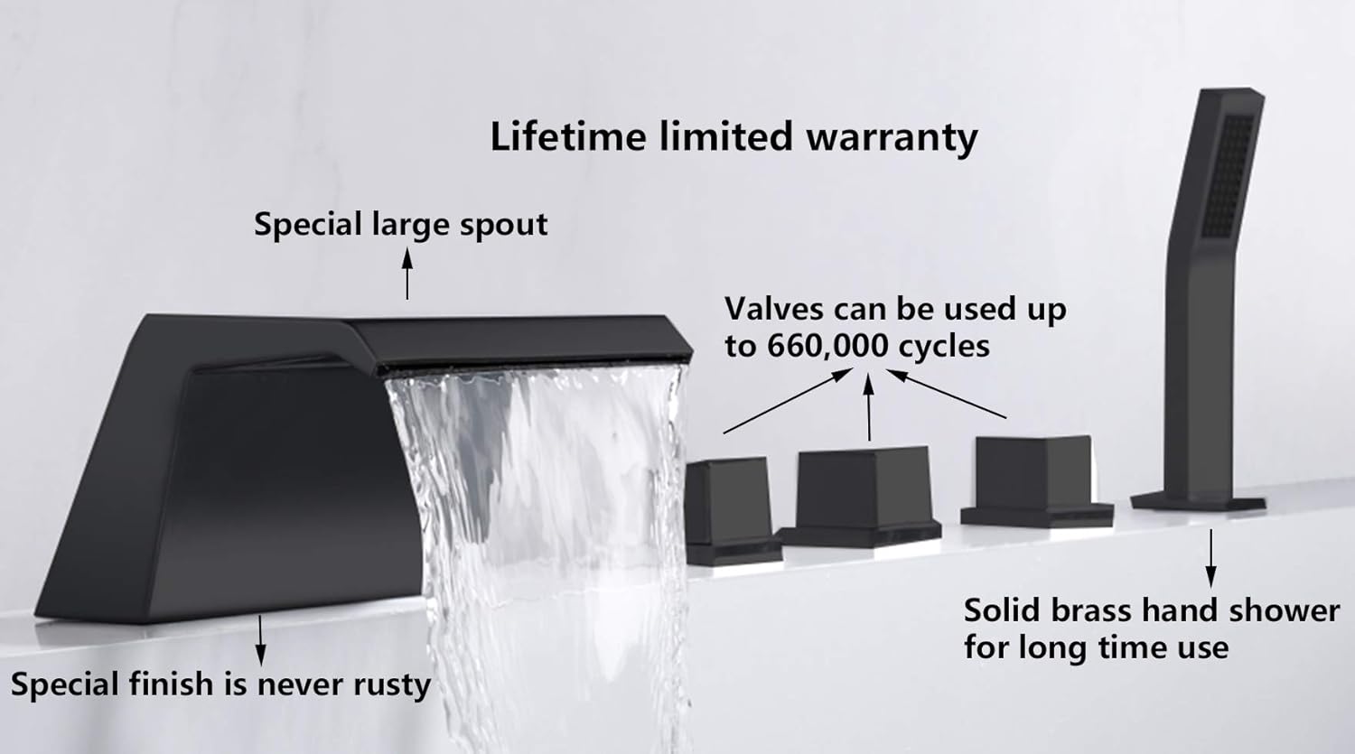 🔥 One Again Waterfall Tub Filler Bathtub Faucet Matte Black 5-Hole 3-Handle Solid Brass Bathroom Bath Tub Faucets Mixer Tap with Hand Shower