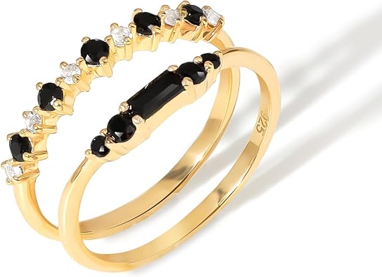 YoTreasure Dainty Stackable Ring Set for Women 14K Gold Plated 925 Sterling Silver Blue Mohave Turquois Chrome Diopside Garnet White Topaz Black Spinel Bands Rings for Women