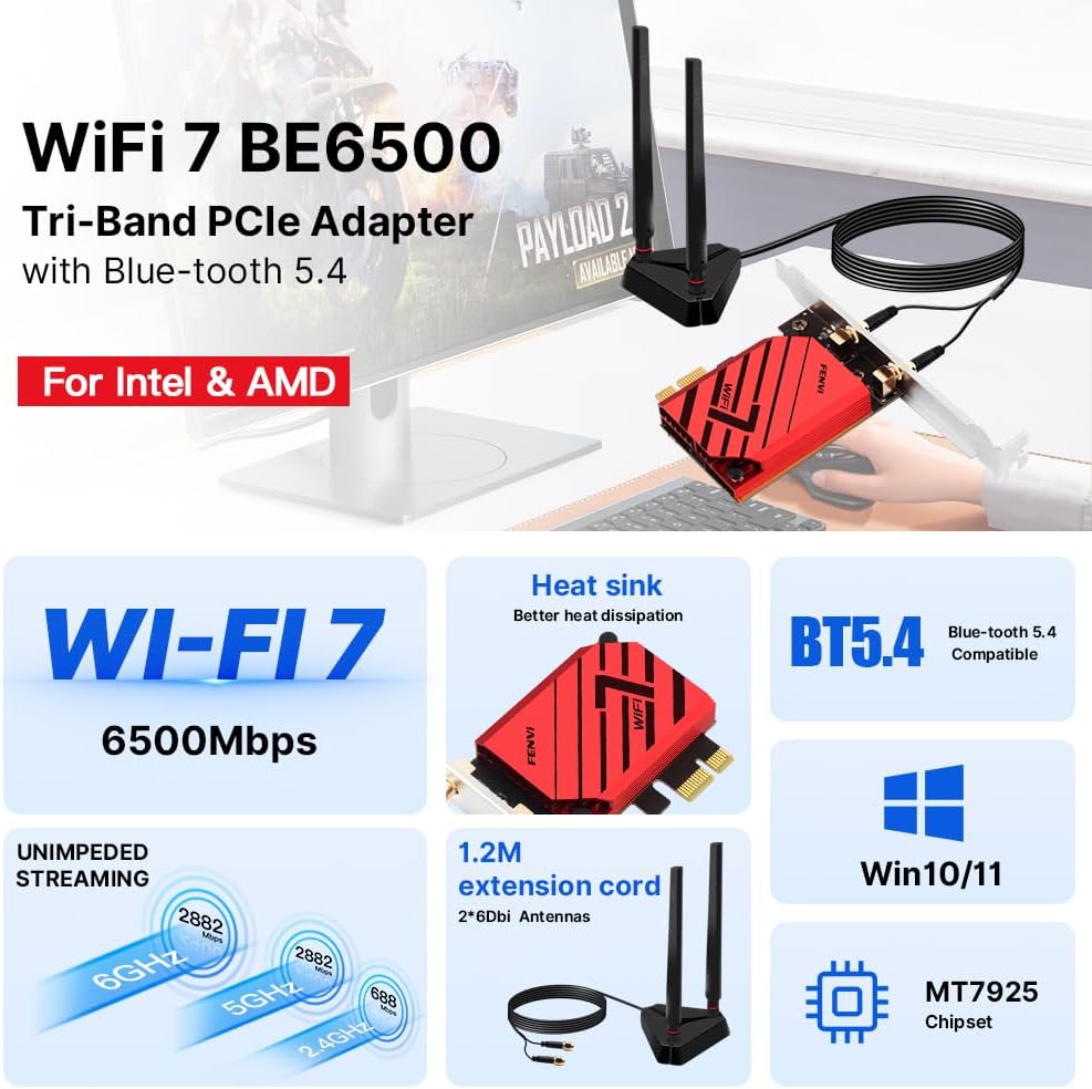 FENVI BE6500 WiFi 7 PCIe Network Card for Desktop PC,Tri-Band 2.4G/5G/6GHz Wireless Adapter with Bluetooth 5.4, 802.11be, MLO Low Latency,WPA3,Supports Windows 11/10 64-Bit for Intel & AMD,Gaming,VR