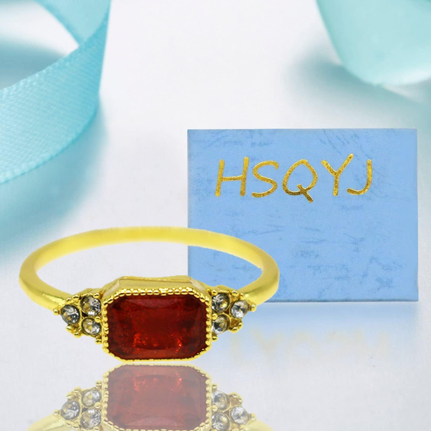 HSQYJ Luxury Red Rectangle Cubic Zirconia Promise Rings Classic Style Crystal Anniversary Wedding Engagement Bands Cocktail Ring for Women Gold Plated Jewelry Gifts - Image 6