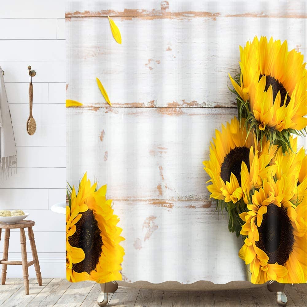 Tenda Doccia Con Girasoli E Colibrì – Floreale Rustico 170x172 Cm – Impermeabile Con Ganci Inclusi