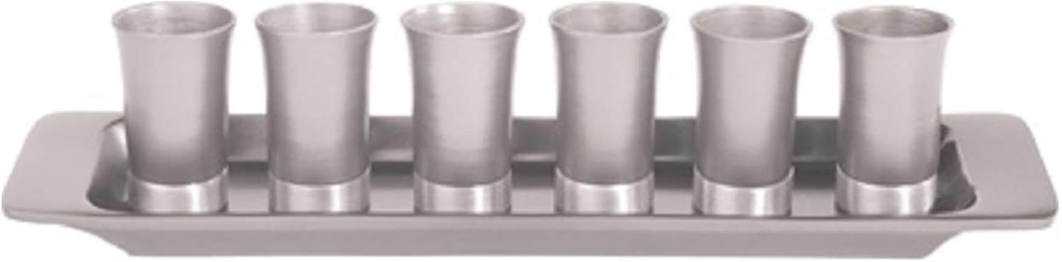 Kiddush Cup & Fountain Set - Yair Emanuel SET OF 6 ANODIZED ALUMINUM CUPS WITH TRAY SILVER (Bundle)