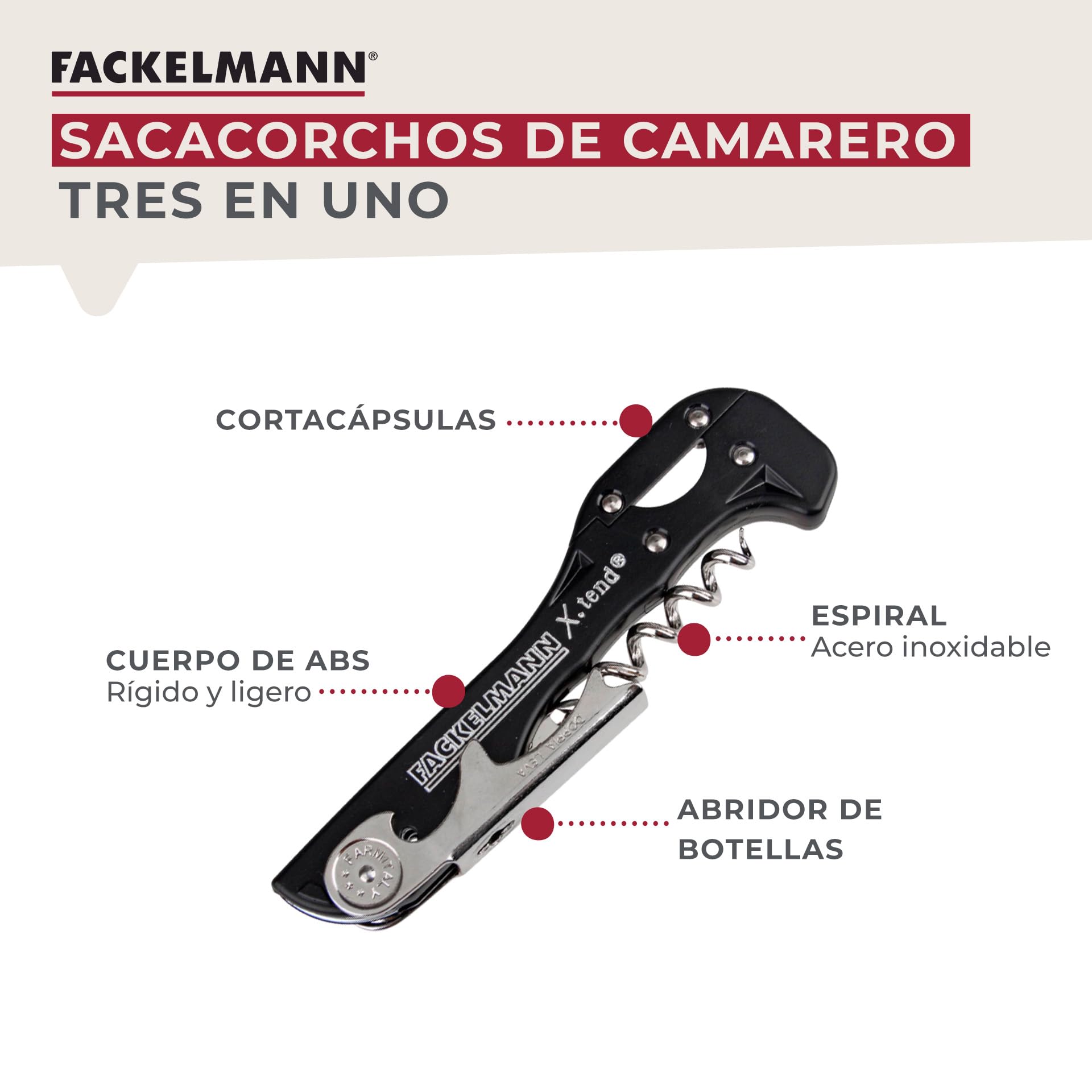 Fackelmann Sacacorchos de Camarero con Corta Cápsulas, Acero Inoxidable, Negro, 13x3,6 cm