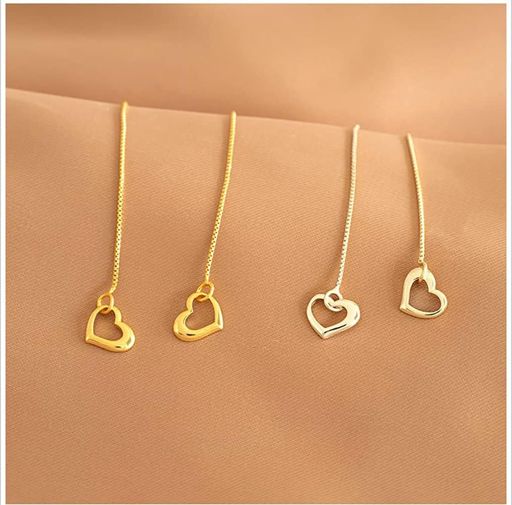 Reffeer Solid 925 Sterling Silver Love Heart Chain Dangle Earrings Drops for Women Teen Girls Heart Tassel Dangle Earrings Threader - Image 5