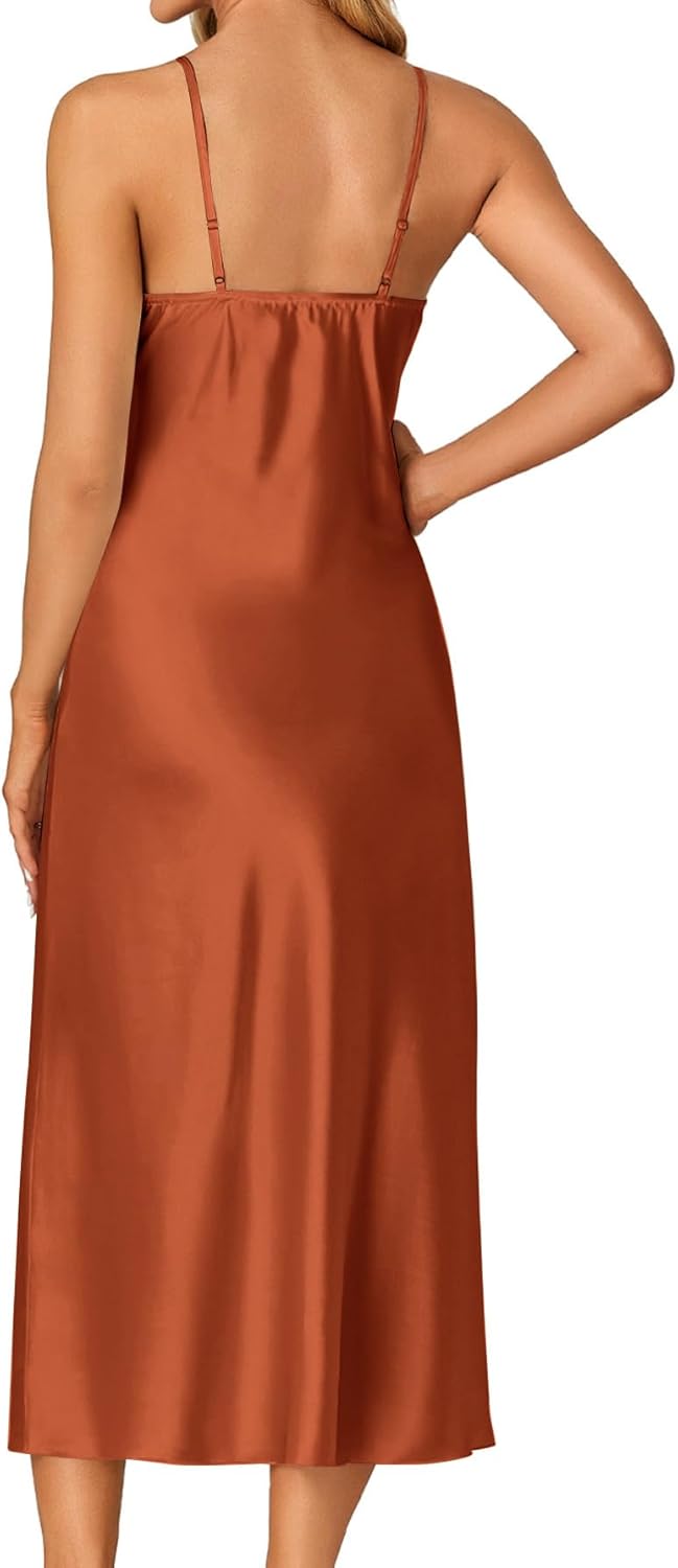 OPOIPIN Women's Satin V Neck Lace Trim Spaghetti Straps Sleeveless Chemise Lingerie Nightdress Nightgown - Image 5