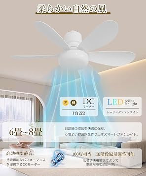 Ceiling Fan Light, Voice Control, Reverse Rotation, Compact, 17 W, Ceiling Light with Remote Control, Fan, 100 W Equivalent, 3,400 lm, Hanging / Duct Rail Compatible, Ceiling Light, Night Light, Fan