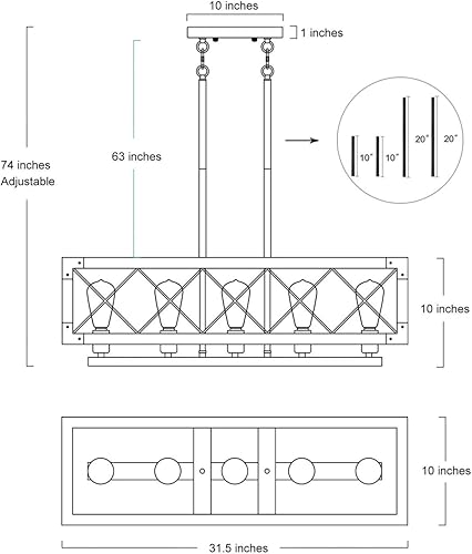 Miniatura 7 de Lámpara de araña de granja para comedor, lámpara rectangular de 5 luces, iluminación de isla de cocina de madera, 31.5 pulgadas de largo